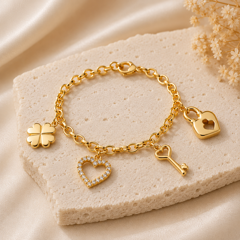 Pulseira Zavera Charm Luxe™ – Símbolos de Amor, Sorte e Elegância em Banho Dourado