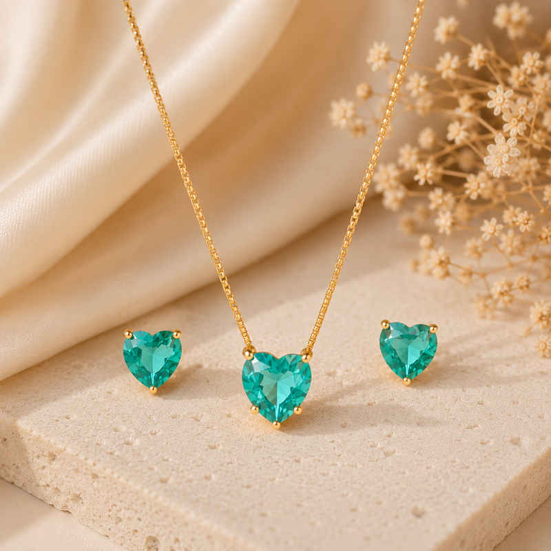 Conjunto Zavera Esmerald Heart™ – Colar + Brincos com Pedra Verde em Corte Coração e Brilho Premium